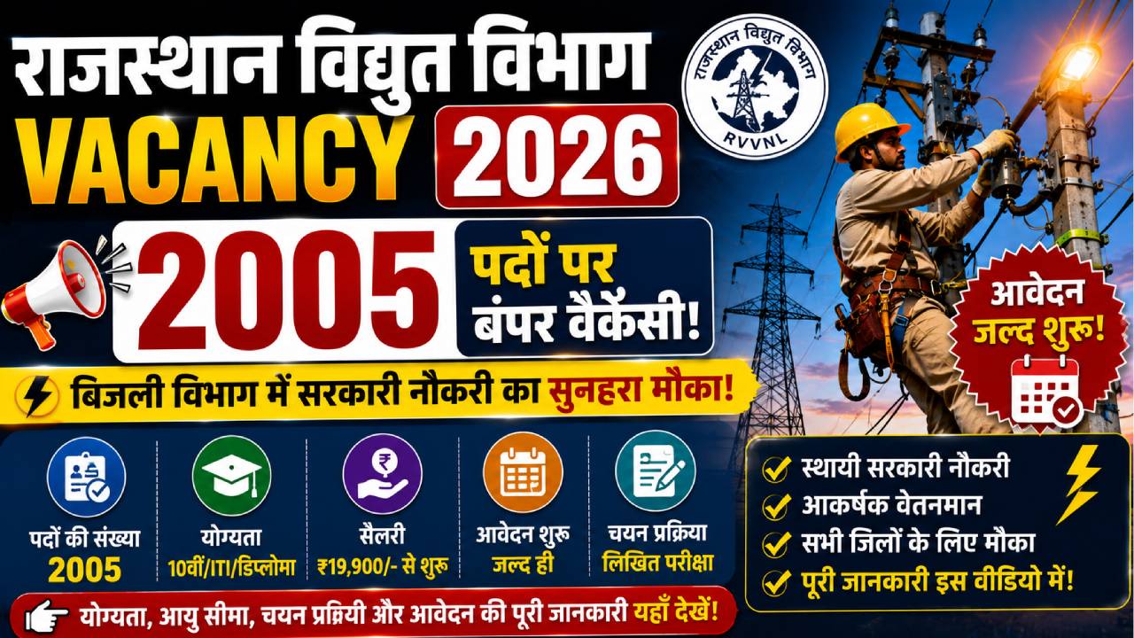 Rajasthan Vidyut Vibhag Vacancy 2026: राजस्थान बिजली विभाग में 2005 पदों पर बंपर वैकेंसी, आवेदन जल्द शुरू